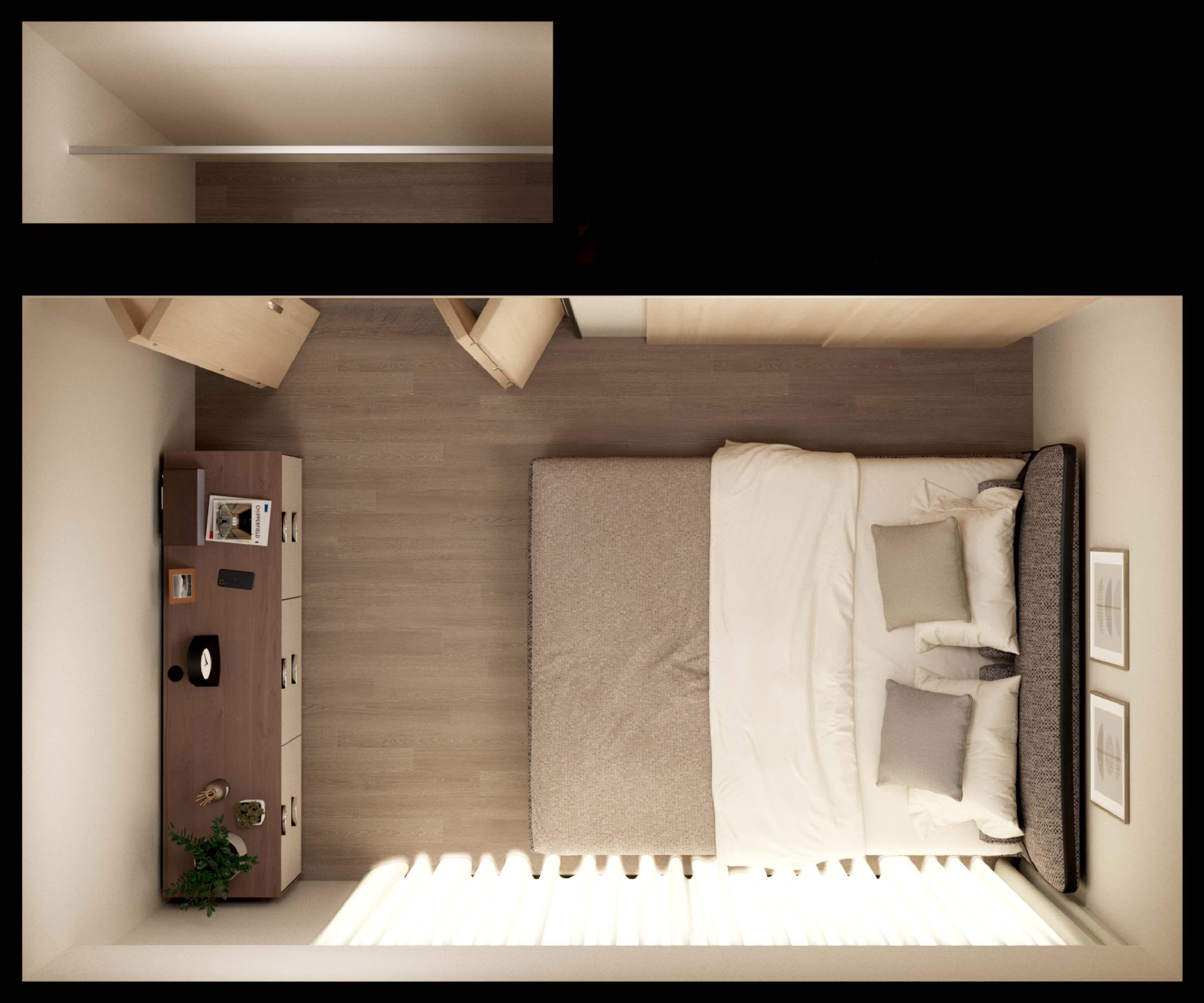 クイーンサイズのベッドのある6畳寝室レイアウトの見取り図