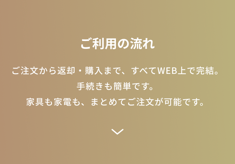 ご利用の流れ　ご注文から返却・購入まで、すべてWEB上で完結。手続きも簡単です。家具も家電も、まとめてご注文が可能です。